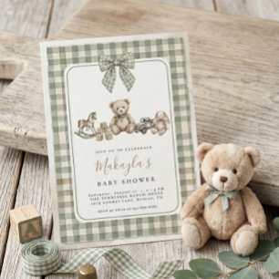 Teddy Bear Sage Green Gingham Bow Baby Shower Invitation