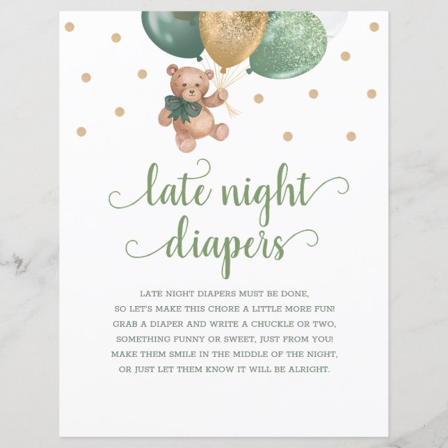 Teddy Bear Sage Green Late Night Diapers Game (Front)