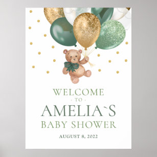Teddy Bear Sage Green Welcome Baby Shower Poster
