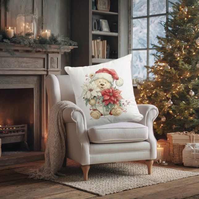 Teddy bear Santa Claus with Christmas flowers Throw Pillow (Creator Uploaded)