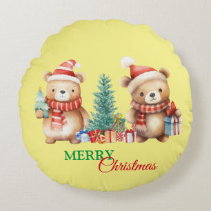 Teddy Bear Santa Red Green Merry Christmas Party Round Pillow