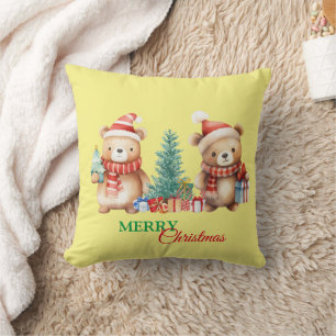 Teddy Bear Santa Red Green Merry Christmas Party Throw Pillow