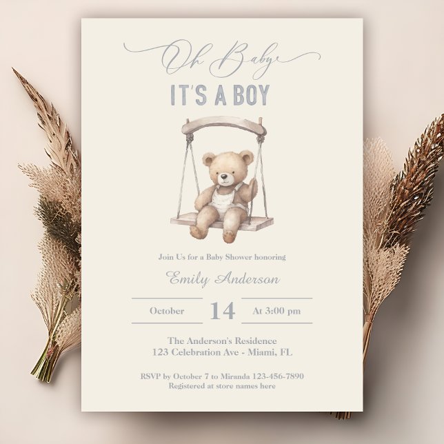 Teddy Bear Script Boho Baby Shower Boy Invitation (Creator Uploaded)