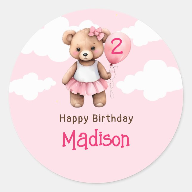 Teddy Bear Second Birthday Round Stickers (Front)