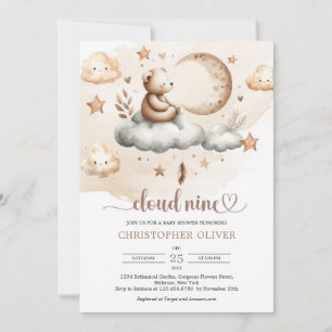 Teddy bear sitting on a cloud neutral colours invitation