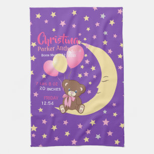 Teddy Bear Sitting on the Moon Baby Birth Stats Kitchen Towel