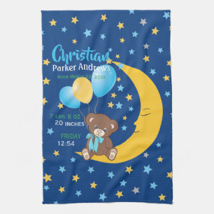 Teddy Bear Sitting on the Moon Baby Birth Stats Kitchen Towel