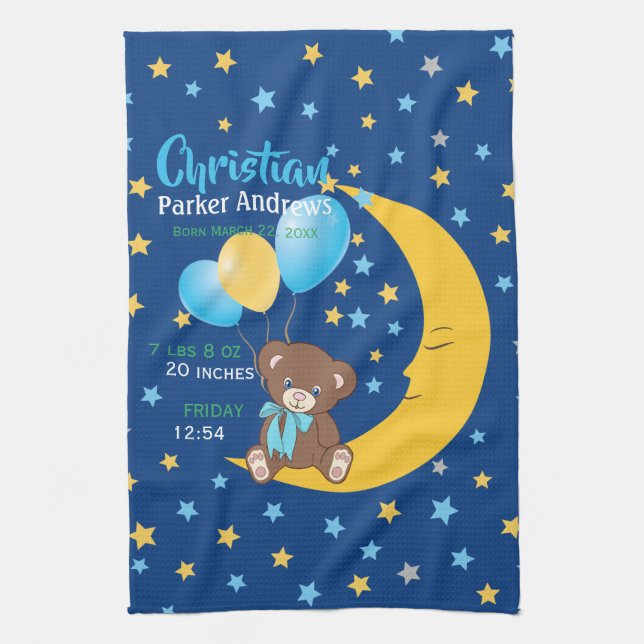 Teddy Bear Sitting on the Moon Baby Birth Stats Kitchen Towel (Vertical)