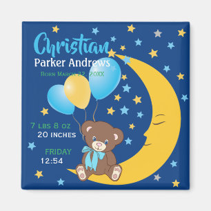 Teddy Bear Sitting on the Moon Baby Birth Stats Magnet