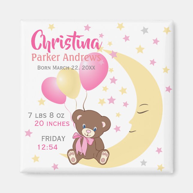 Teddy Bear Sitting on the Moon Baby Birth Stats Magnet (Front)