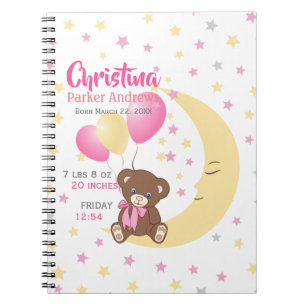 Teddy Bear Sitting on the Moon Baby Birth Stats Notebook