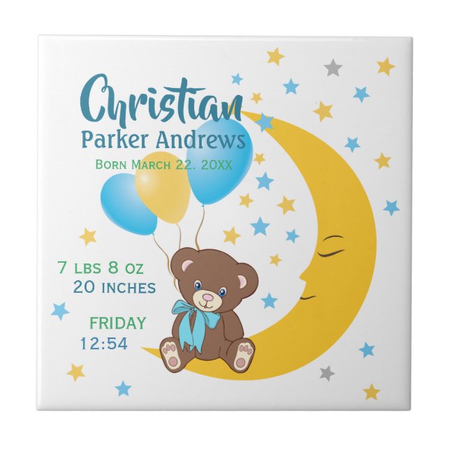 Teddy Bear Sitting on the Moon Baby Birth Stats Tile (Front)