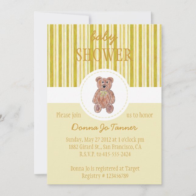 Teddy Bear Sketch Baby Shower Invitation - Yellow (Front)