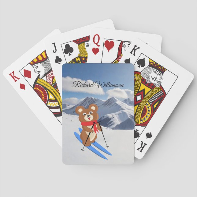Teddy Bear Skier on snowy mountains Personalize Playing Cards (Back)