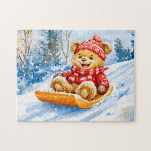 Teddy Bear Sledding Downhill in Winter Jigsaw Puzzle
