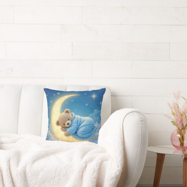 Teddy Bear Sleeping on a Moon Throw Pillow (Couch)