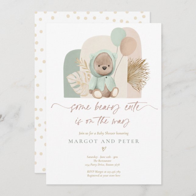 Teddy Bear Some Beary Cute Boho Baby Shower Invitation (Front/Back)