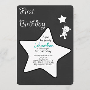Teddy Bear & Star Balloon Floating First Birthday Invitation