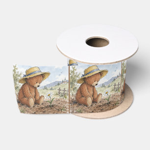 Teddy Bear Staring at a Growing Daisy Satin Ribbon