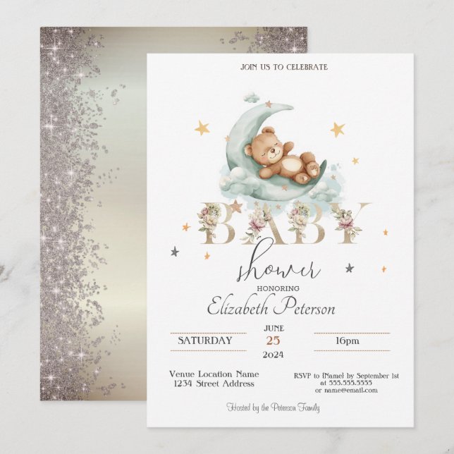 Teddy Bear Stars Glitter Gold Baby Shower Invitation (Front/Back)