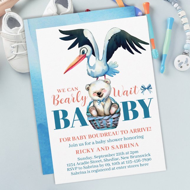 Teddy Bear Stork Bearly There Blue Baby Shower Invitation (Creator Uploaded)
