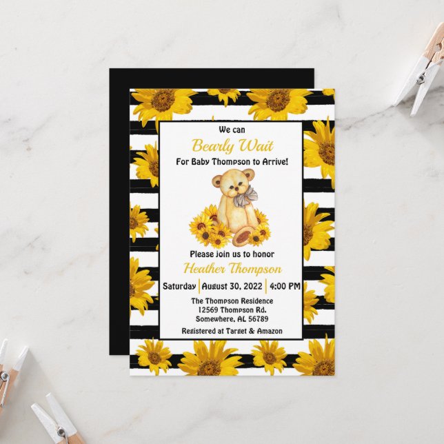 Teddy Bear Sunflower Baby Shower Invitation (Front/Back In Situ)