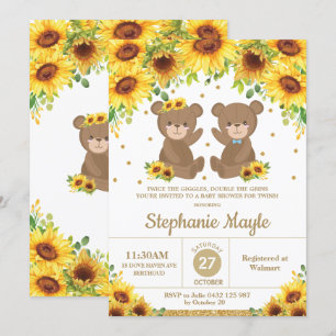 Teddy Bear Sunflower Baby Shower Twin Boy Girl Invitation