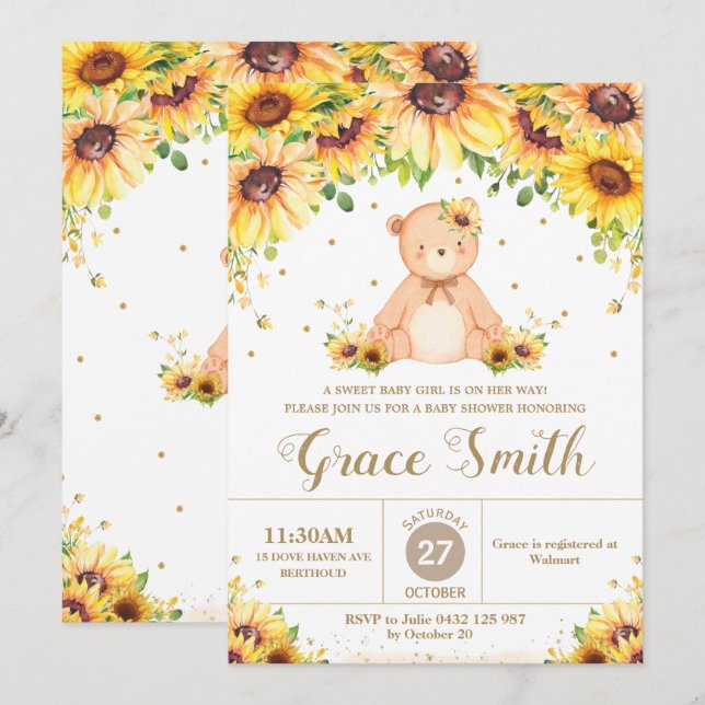 Teddy Bear Sunflower Floral Baby Shower Girl  Invi Invitation (Front/Back)