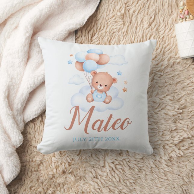 Teddy Bear Tan and Blue Baby Boy Shower Party Gift Throw Pillow (Blanket)