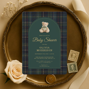 Teddy Bear Tartan Green Baby Shower Invitation