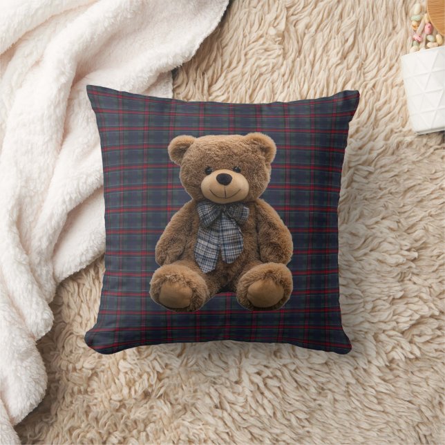 Teddy Bear Tartan Monogram Birth Stats Newborn Boy Throw Pillow (Blanket)