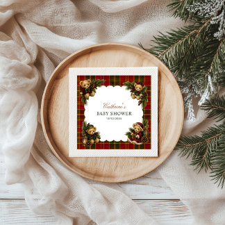 Teddy Bear Tartan Plaid Christmas Baby Shower Napkin