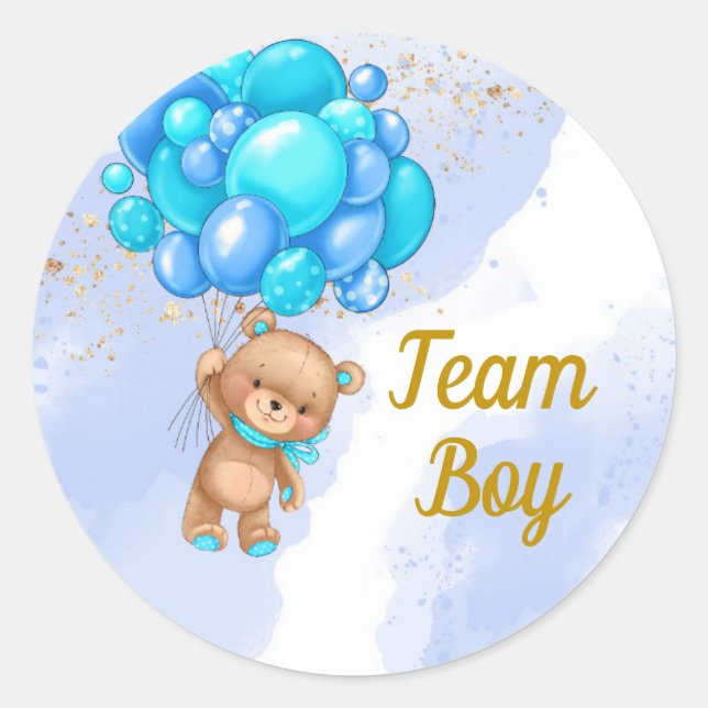 Teddy Bear Team Boy Gender Reveal Party Classic Round Sticker (Front)