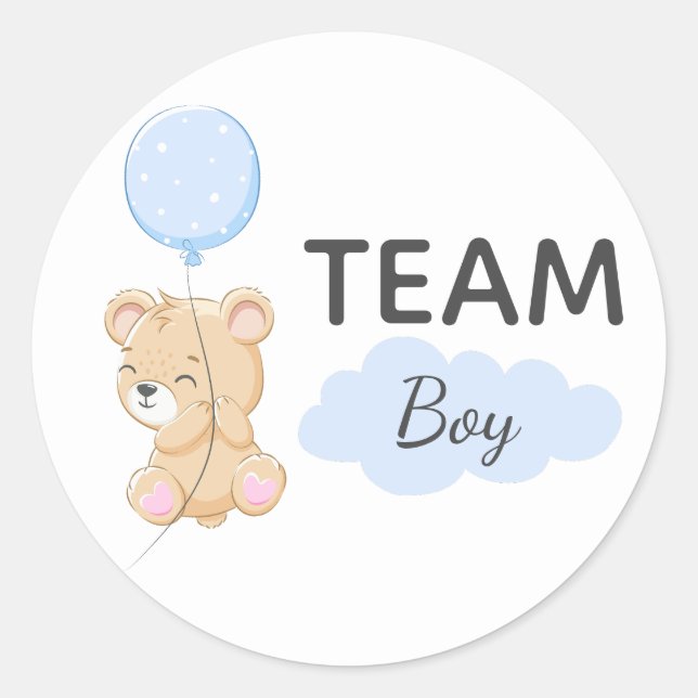 Teddy Bear Team Boy Gender Reveal Party Round Classic Round Sticker (Front)