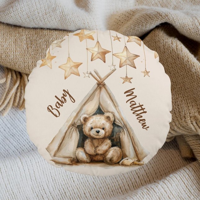 Teddy bear teepee beige brown stars boho nursery round pillow (Creator Uploaded)