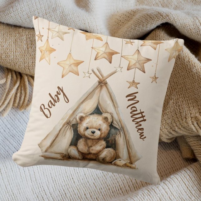 Teddy bear teepee beige brown stars boho nursery throw pillow (Creator Uploaded)