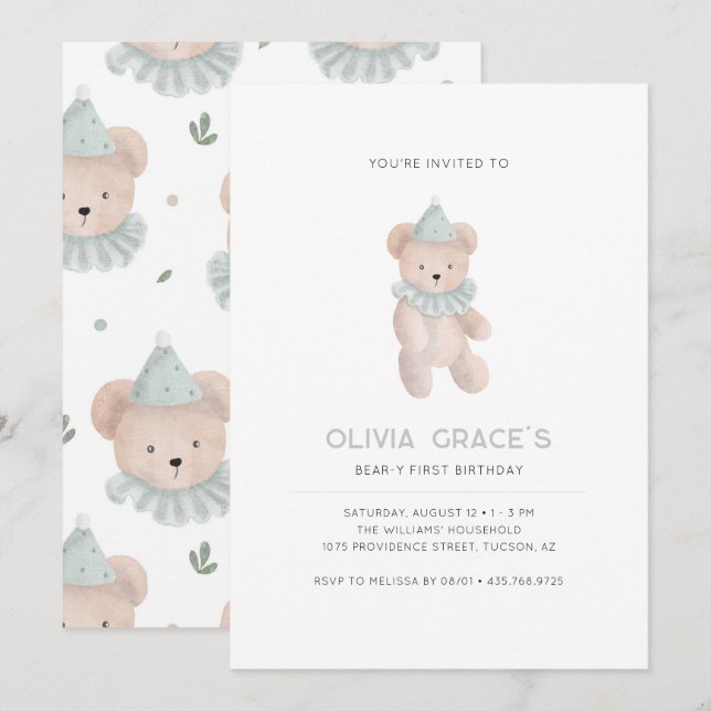 Teddy Bear Theme First Birthday Invitation (Front/Back)