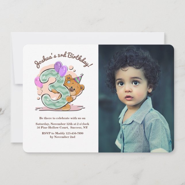 Teddy Bear Three Year Old Photo Invitation (Front)