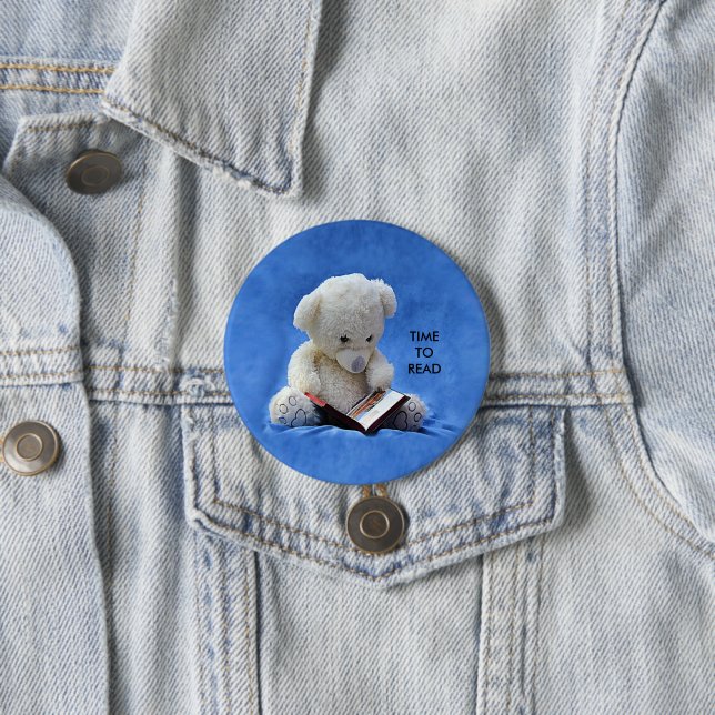Teddy Bear Time to Read Blue Stuffed Animal, ZKOA 3 Inch Round Button (In Situ)
