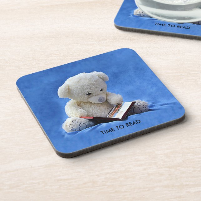 Teddy Bear Time to Read Blue Stuffed Animal, ZKOA Coaster (Left Side)