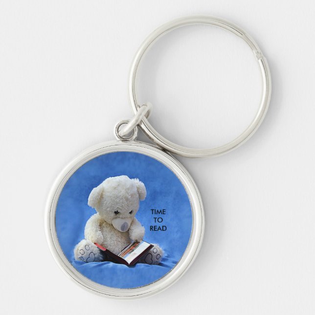 Teddy Bear Time to Read Blue Stuffed Animal, ZKOA Keychain (Front)