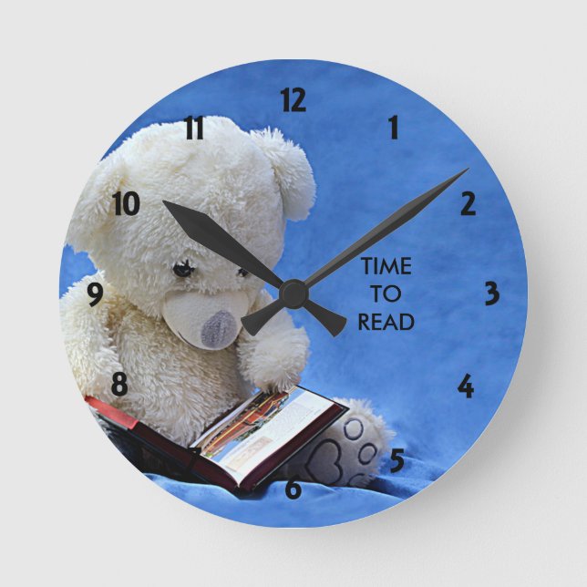 Teddy Bear Time to Read Blue Stuffed Animal, ZKOA Round Clock (Front)