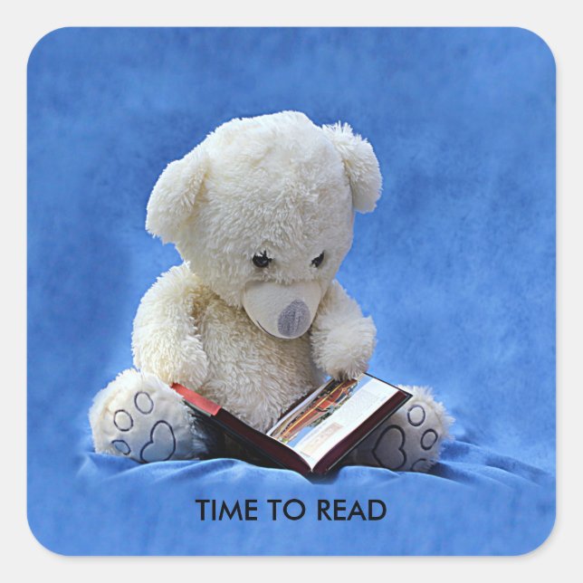 Teddy Bear Time to Read Blue Stuffed Animal, ZKOA Square Sticker (Front)