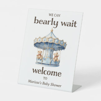Teddy Bear Twin Boy Baby Shower Welcome Pedestal Sign