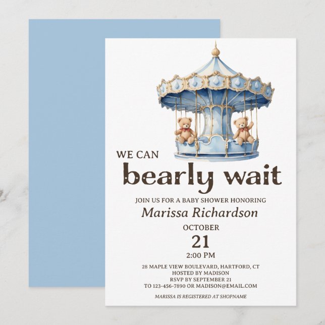 Teddy Bear Twin Boys Baby Shower Invitation (Front/Back)