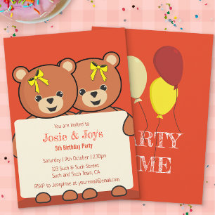 Teddy Bear Twins or Siblings Birthday Party  Invit Invitation