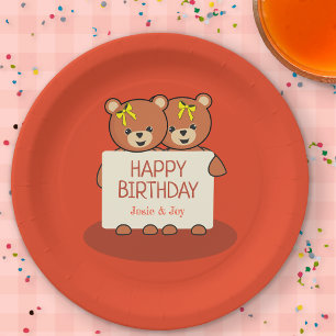 Teddy Bear Twins or Siblings Birthday Party Paper Plate