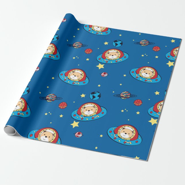 Teddy Bear UFO Wrapping Paper (Unrolled)