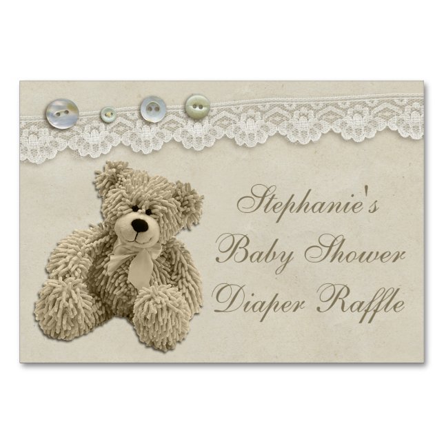 Teddy Bear Vintage Lace Diaper Raffle Table Number (Front)
