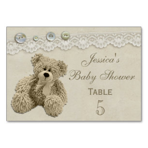 Teddy Bear Vintage Lace Personalized Baby Shower Table Number